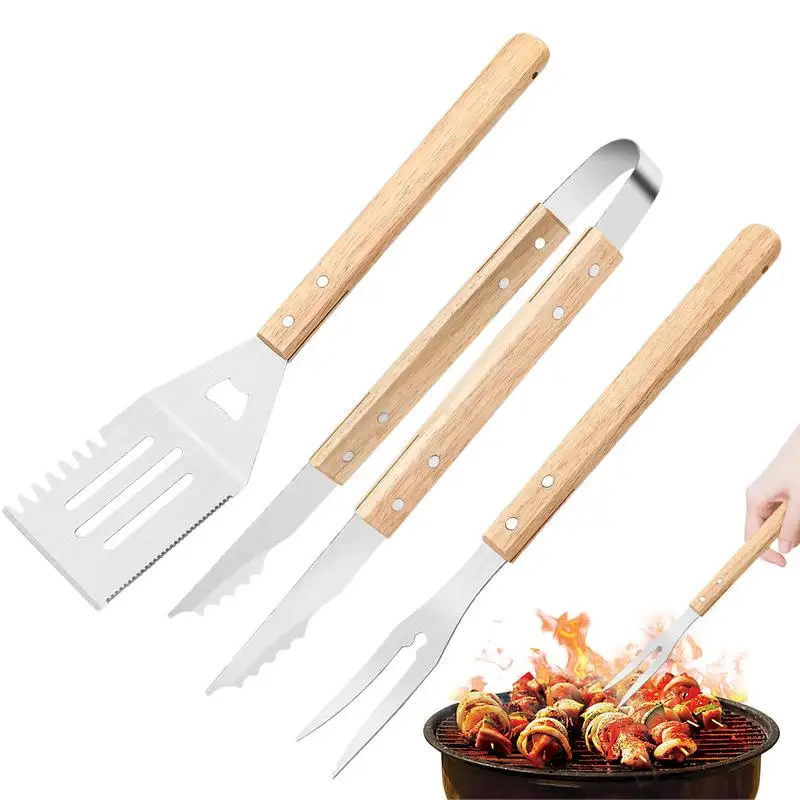 BBQ Grill Tools Set Stainless Steel Heavy Duty Grilling Accessories Kit Grill Utensils Set 3pcs Smooth Barbeque Utensils