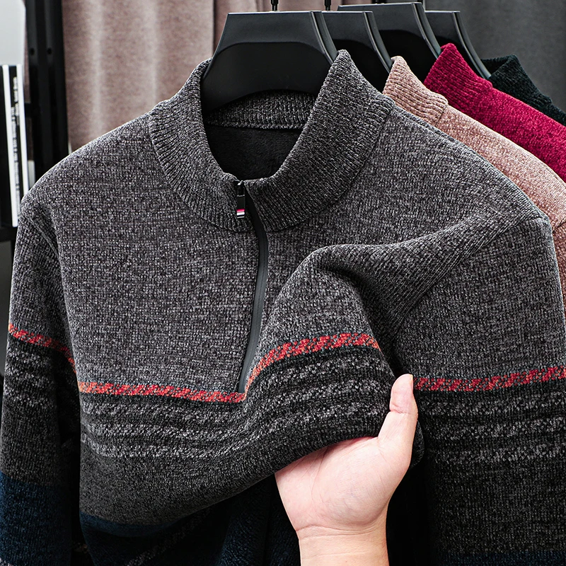 Luxury Man Long-Sleeved Knitwear Mock Neck Zipper Fleece-Lined Thickened Warm Stripe Autumn Winter New Pullover Leisure MensWear