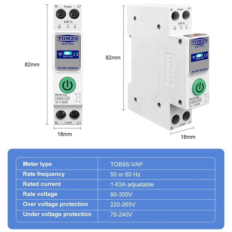 Imagem -03 - Tuya Smartlife Interruptor Inteligente Medidor de Energia Kwh Medição Monitoramento Disjuntor Relé Temporizador Mcb Tob9s-vap Tuya Smart Life 63a 1p Mais n