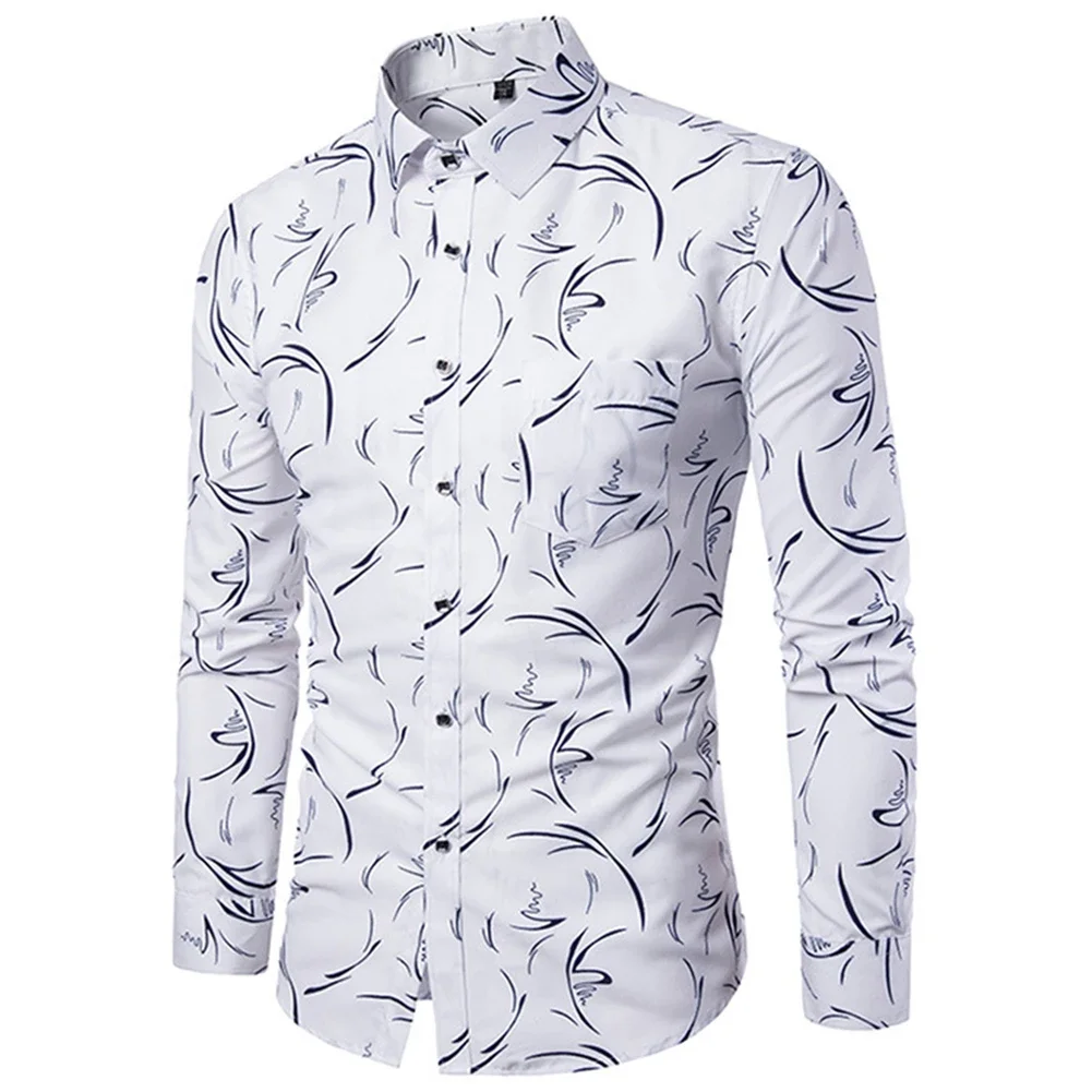 Camisa de manga comprida com estampa floral masculina, blusa formal, tops casuais de festa