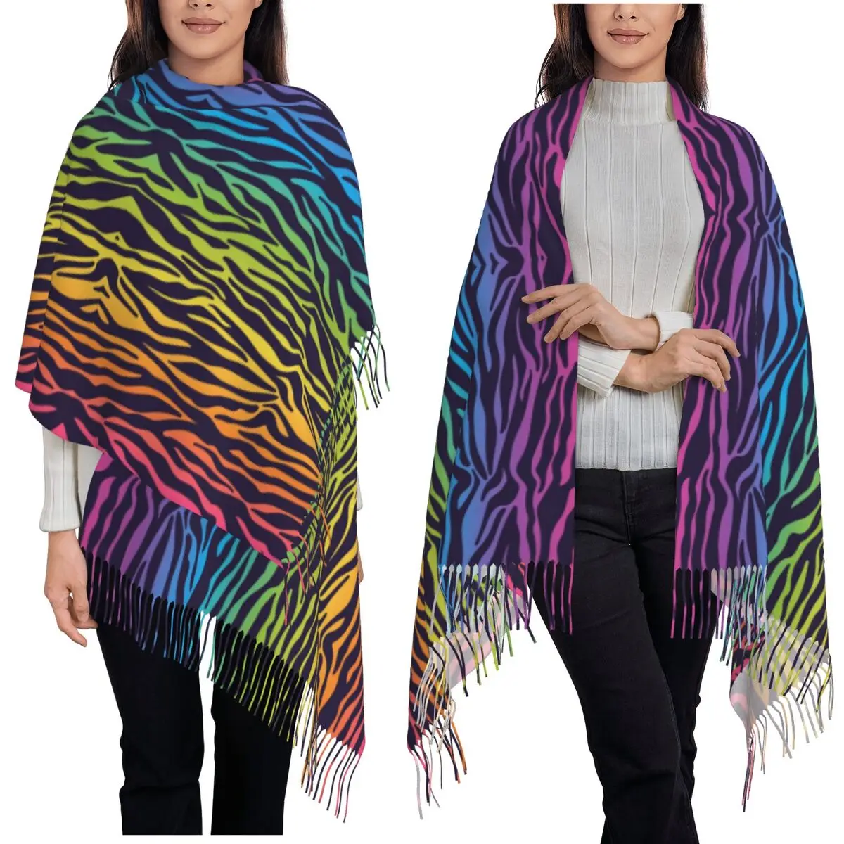 

Яркий Радужный шарф с градиентом в полоску зебры, шарфы с кисточками, женские мягкие теплые шали и накидки, длинная осенне-зимняя шаль