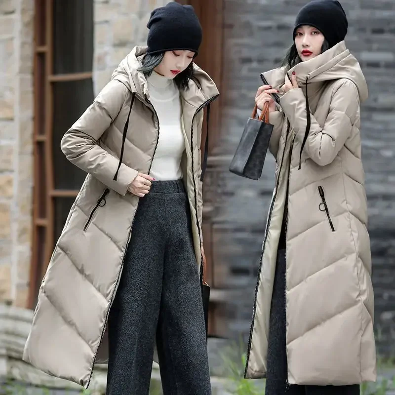 

Теплое пальто с воротником-стойкой и капюшоном, новая женская куртка, длинные стили, зимняя утепленная куртка-пуховик с карманами на молнии, женские парки
