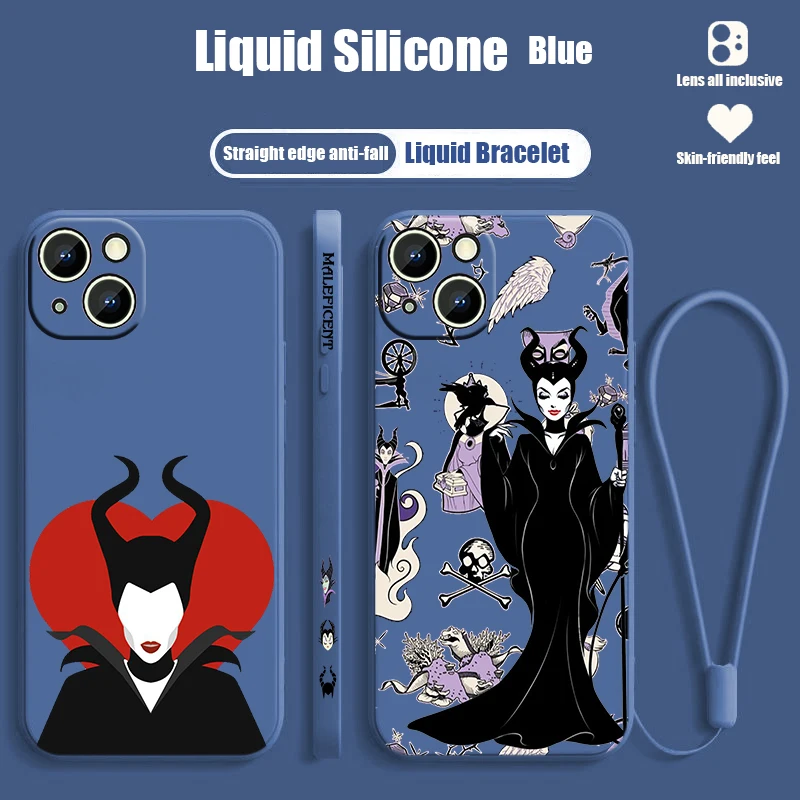 Disney Cute Maleficent Phone Case For Apple iPhone 15 14 13 12 11 XS XR X 8 7 Pro Max Plus Mini Liquid Left Rope Cover