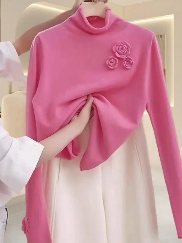 

Pink Knitted Base Layer irt Women's f High Collar Inner Wear 3D Flower Design Loose Fit Long Sve Winter Top