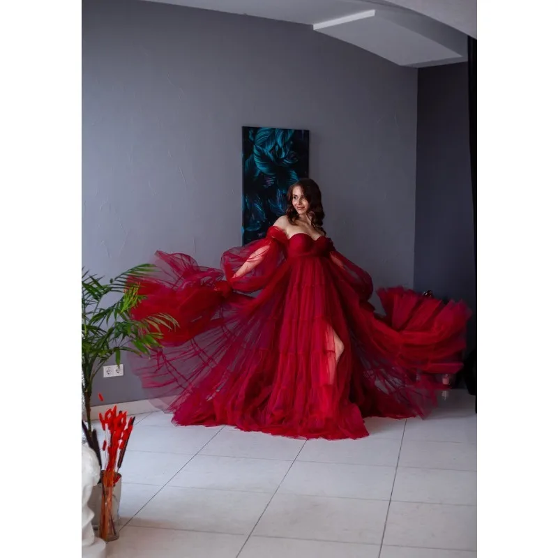 

Burgundy Maternity Puffy Dress with Corset & Puff Sleeves - Long Tulle Photo Shoot Dress for Pregnancy Photoshoots, Baby Shower