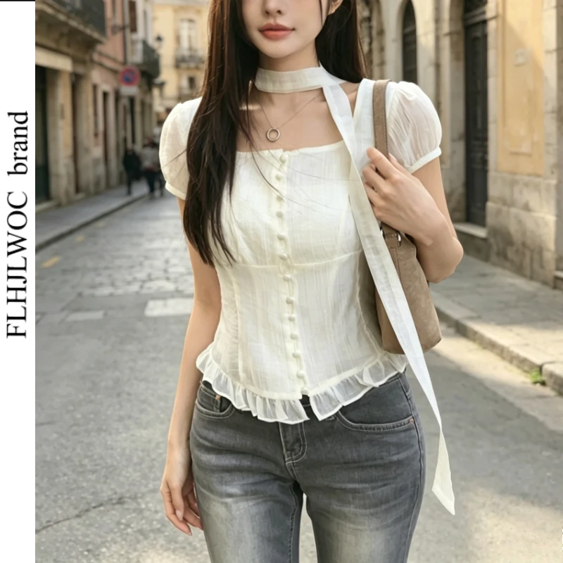 

Short Lace-Up Bow Tie Tops Blouses New Summer Y2K Cute Sweet Girls Women Basics Chic Korea Fashion Button Slim Fitted Shirts