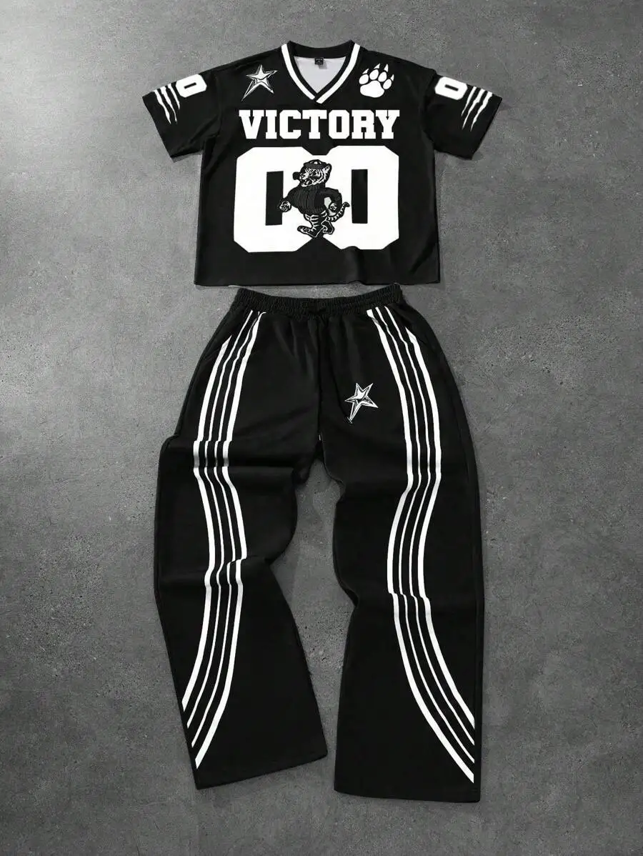 

Black Cropped Graphic Jersey Top and Striped Wide-Leg Sweatpants Set