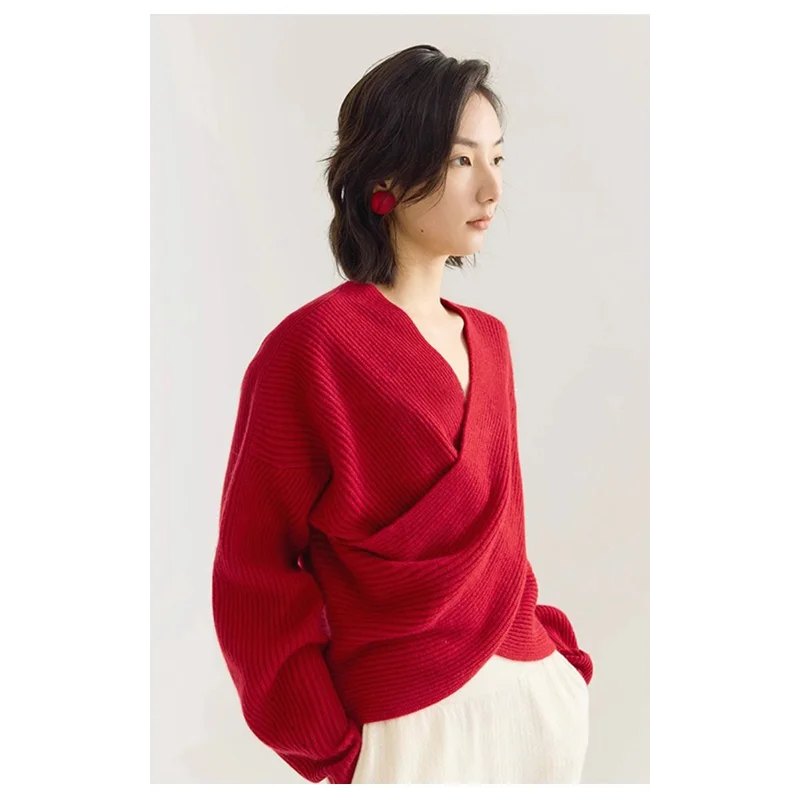 Suéter de punto con manga acampanada y cuello en V cruzado para mujer, Top perezoso con parte inferior interior roja, primavera y otoño