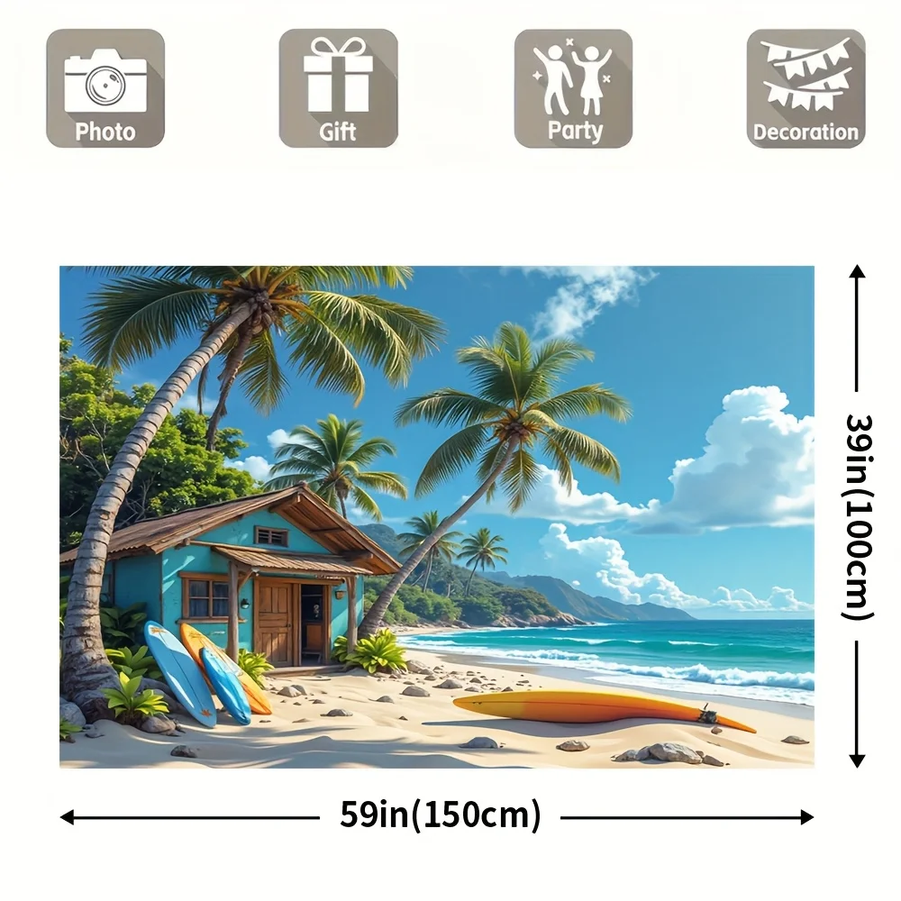 1 Stück Retro-Surfhaus-Tropenstrand-Polyester-Hintergrundstoff, Palmen, Wellen und Surfbretter, Stranddekoration