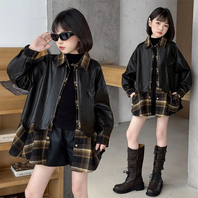 

Baby Girls PU Leather Jacket Ages 4-14Y Kids Classical Fashion Coat Tween Girl Vintage Fake Two Pieces Child Korean Style Jacket
