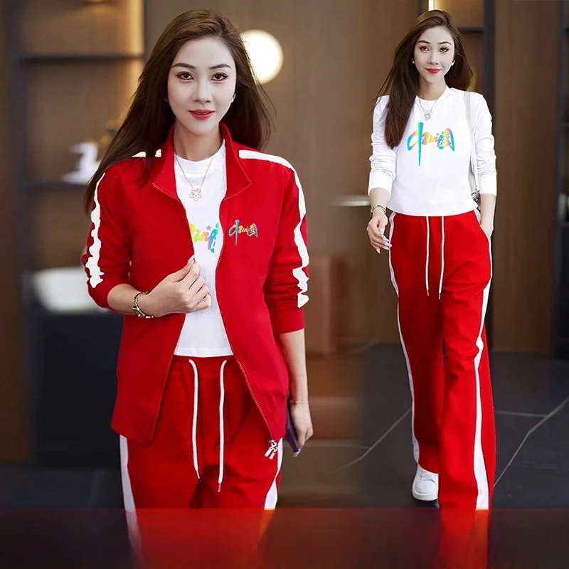 Fall Winter Red Fitn Dance Square Dancing Outfit Casual Tee Piece Set Women's New Sle Performance Clothes Long Sve ...