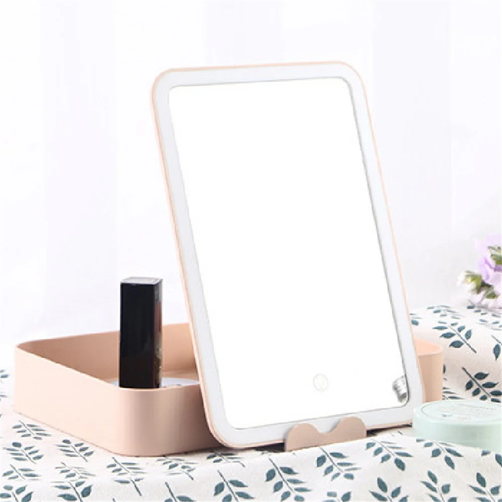 Portable Makeup Mirror with Cosmetic Storage Box, Beauty LED Light, Square Pink Mirror, Touch Switch, Free Sample