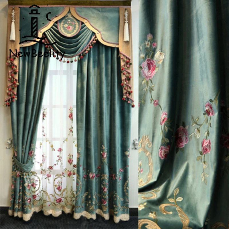 

European Luxury Flannel Embroidered Valance Curtains for Living Dining Room Bedroom blackout Green Custom cloth Decor Tulle set