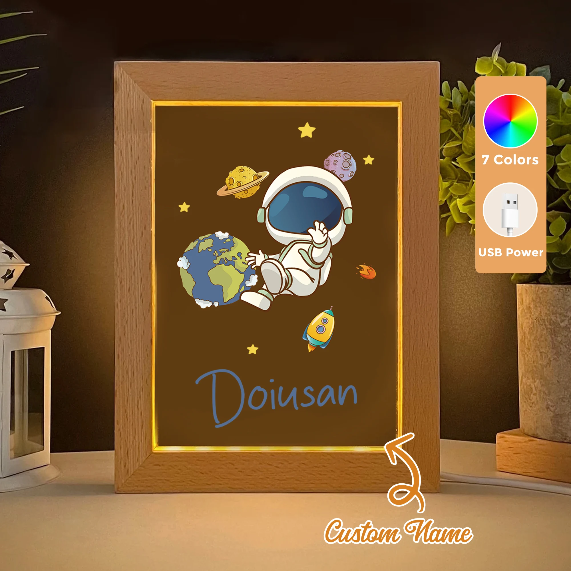 

Custom Name Space Astronaut LED Acrylic Night Light Wood Photo Frame 21x17cm Cartoon Children Bedroom Gifts Home Decor Gift