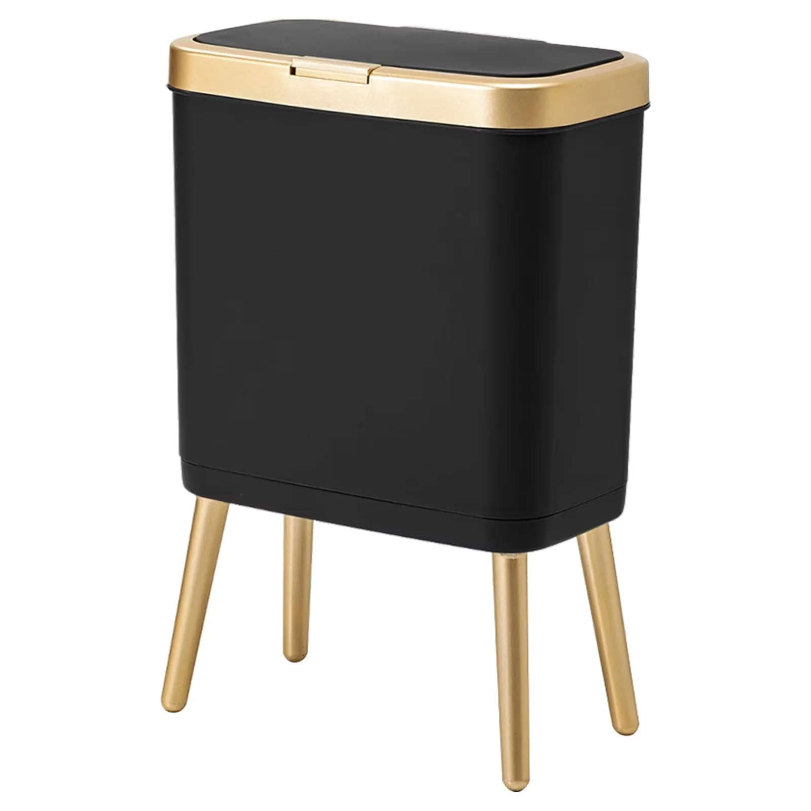 Bedroom Trash Can with Lid,Slim Bathroom Cans Lids, Dog Proof Press Top Lid,Modern Gold Plastic Waste Basket for Office,Kitchen