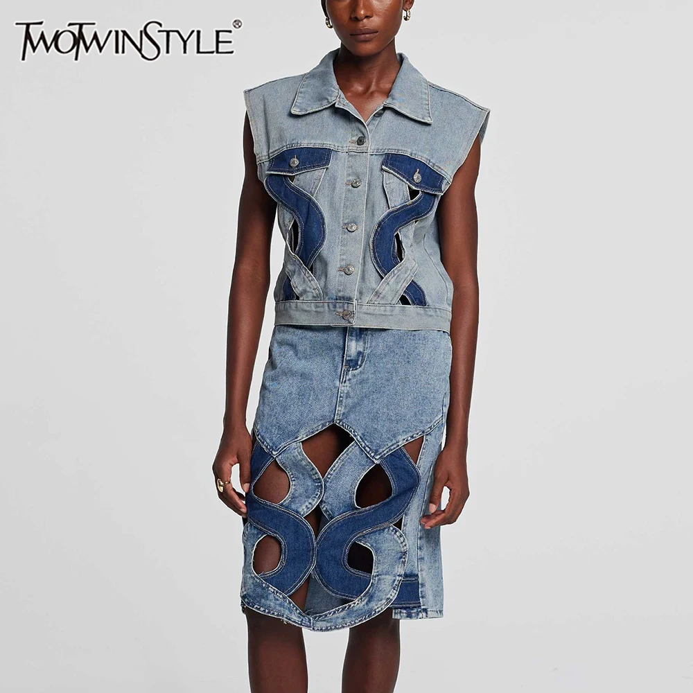 

TWOTWINSTYLE Hollow Out Denim Waistcoats For Women Lapel Sleeveless Spliced Single Breasted Vintage Waistcoat Female Fashion New