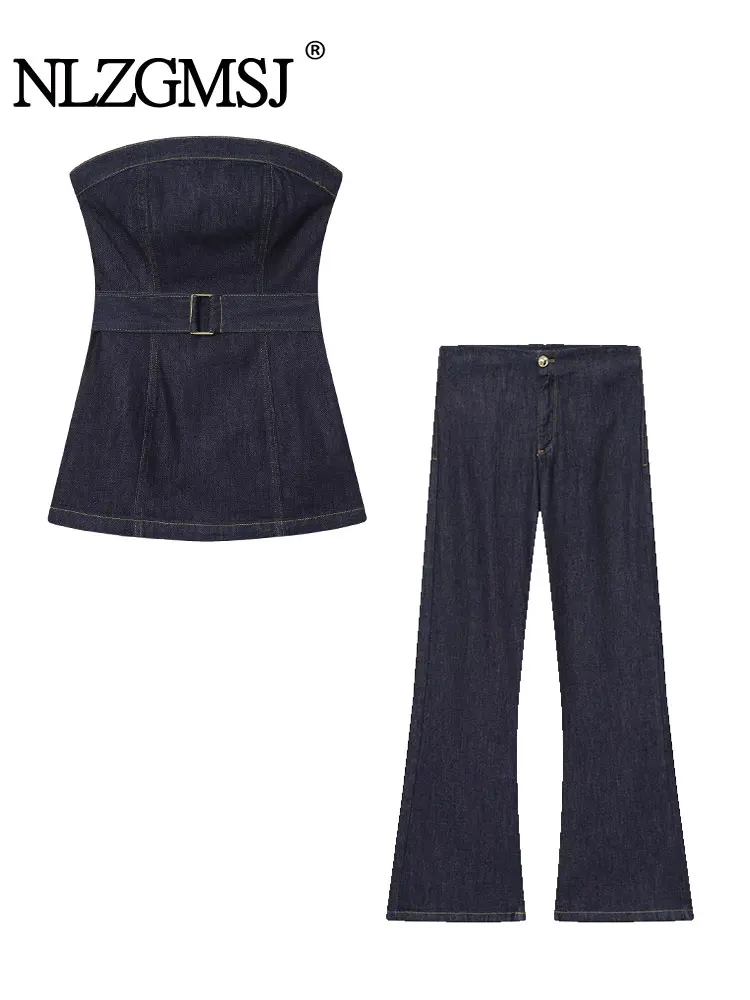 

NLZGMSJ Vintage Casual Chic Denim Women Suit Sleeveless Tube Top Sashes Top Loose Straight Long Pants New Fashion Autumn Su