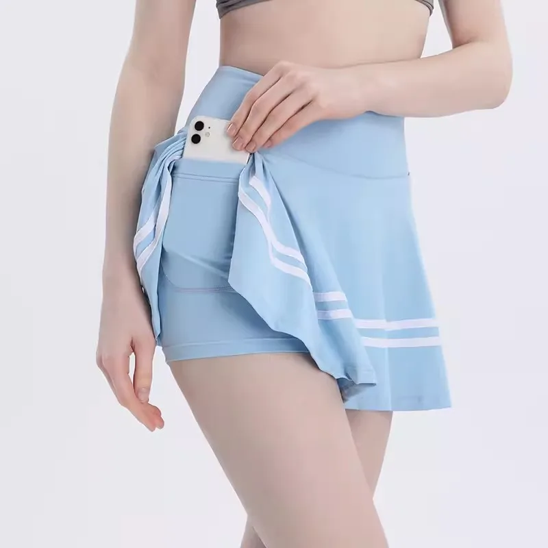 Stripe Summer Running Shorts Built-in Side Pocket False 2 Pieces Tennis Mini Skirt Cooling Quick Dry Breathable Yoga Skirt Women