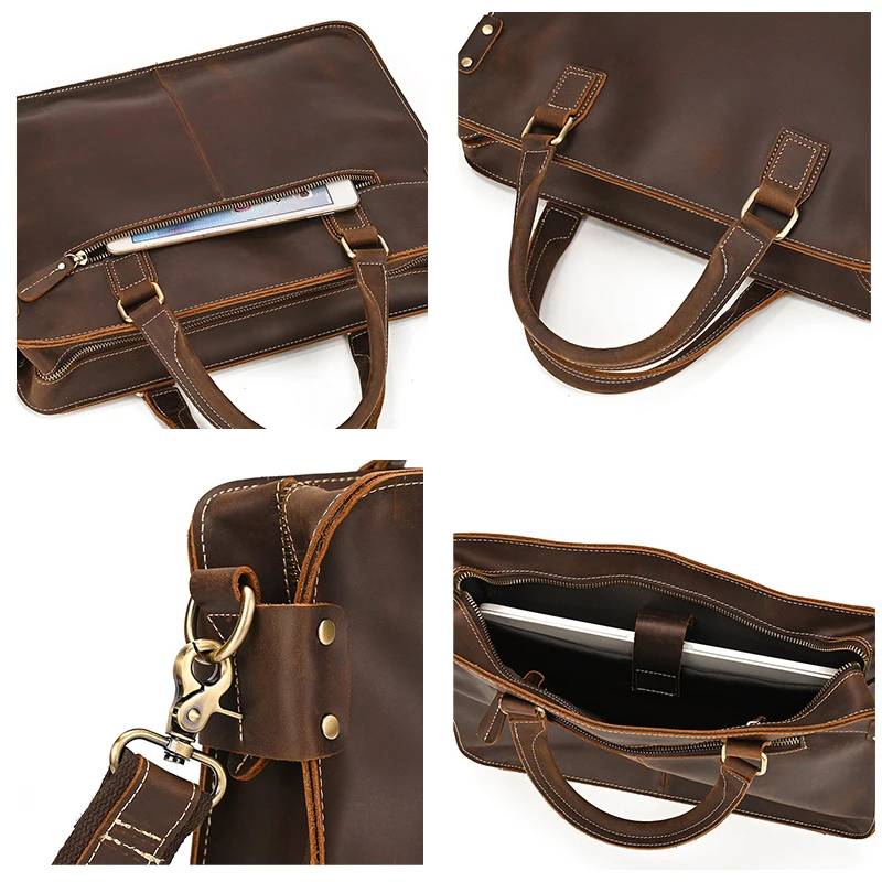 Vintage Echt Lederen Aktetas 14 Inch Laptoptas Eerste Laag Koeienhuid Handtas Schouder Messenger Tas Commuter Business Bag