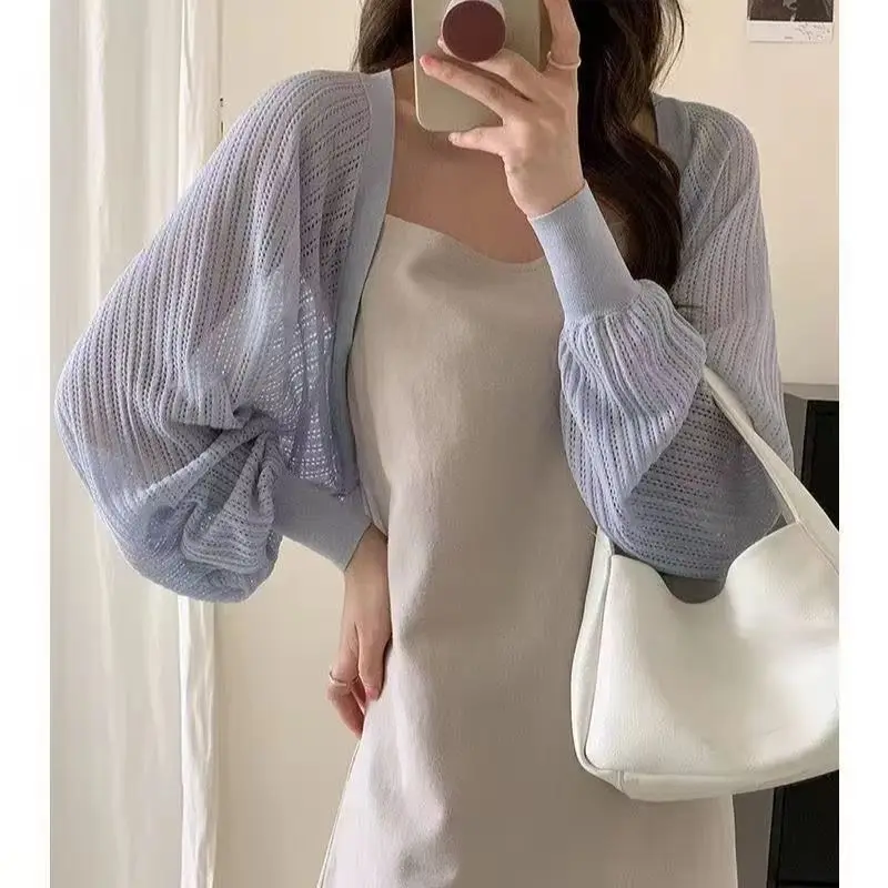 French Ice Silk Knitted Sun-Proof Cropped Cardigan Women Summer Thin Mesh Bolero Puff Sleeve Shawl Outerwear For Suspender Skirt