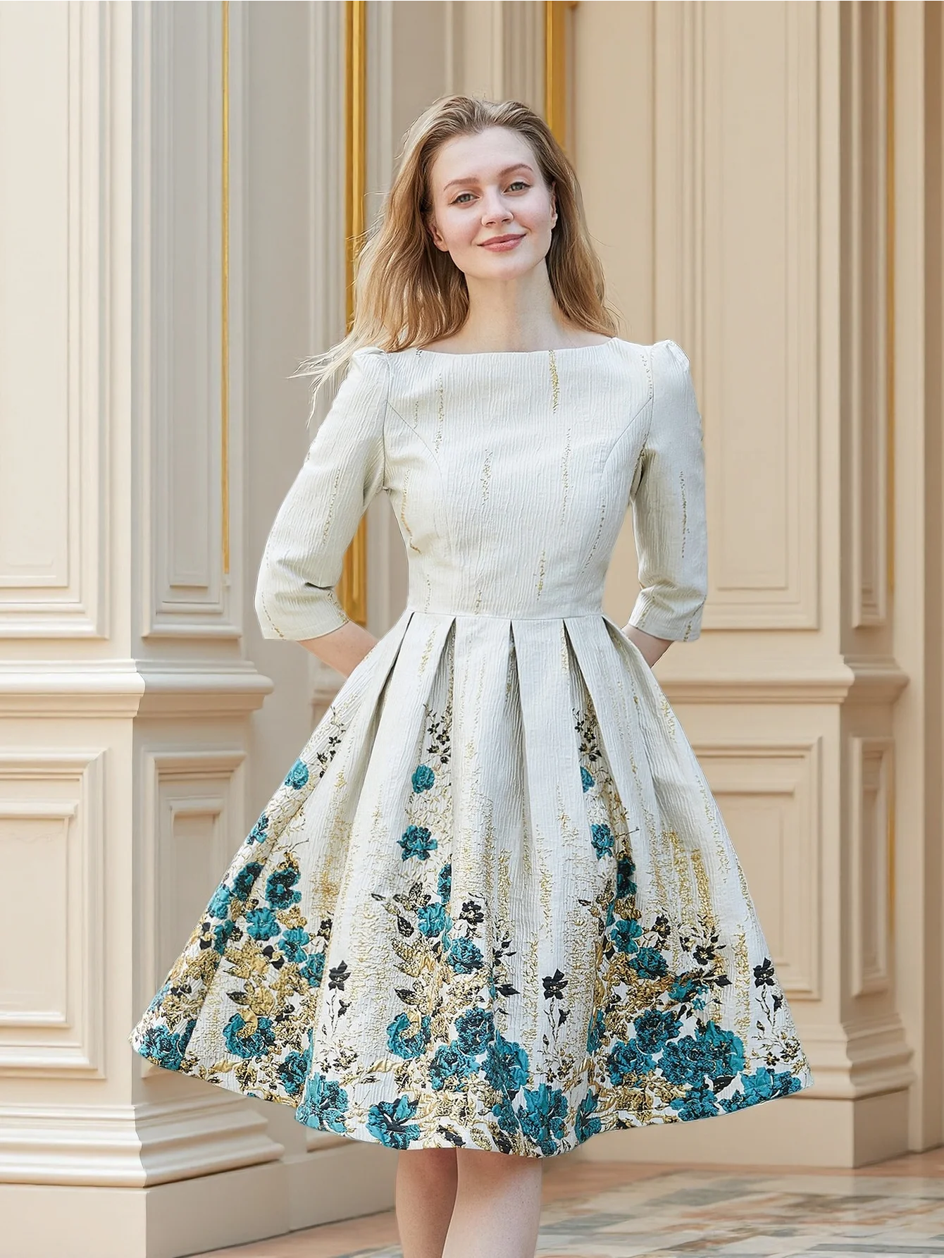 

Роскошное платье из жаккарда с вышивкой, приталенное, с расклешенным подолом миди, для свиданий или чаепитий