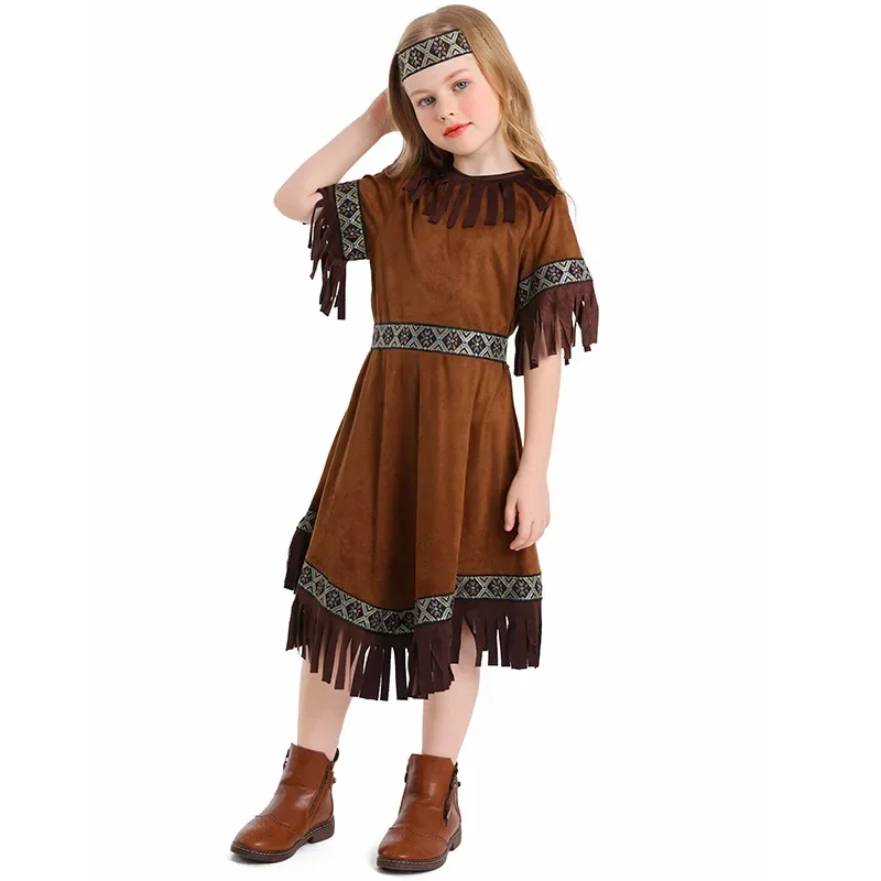 Costume de Princesse Américaine et Indienne pour Fille, Tenue de Cosplay d'Halloween, Robe de Barrage, pour Enfant et Adolescent de 4 à 16 Ans