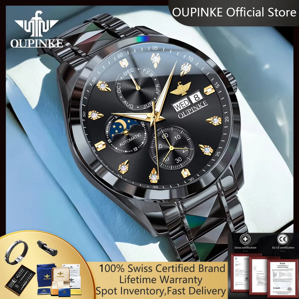 

Мужские автоматические часы OUPINKE 3298 с календарем, хронографом и фазами луны, роскошные деловые часы, оригинальные механические наручные часы