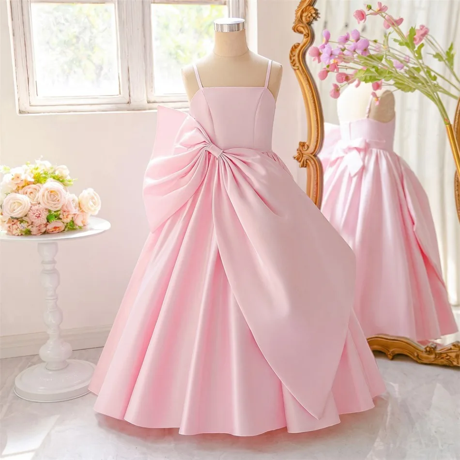 Elegant Girls Pink Satin Spaghetti Strap Long Pageant Dress Big Bow Formal Flower Girl Wedding Evening Party Prom Gown ASQ03