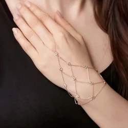 Boho Round Rhinestone Mesh Slave Bracelet Hand Accessories Women 2024 Summer Beach Finger Chain Bracelet Bridal Wedding Gifts