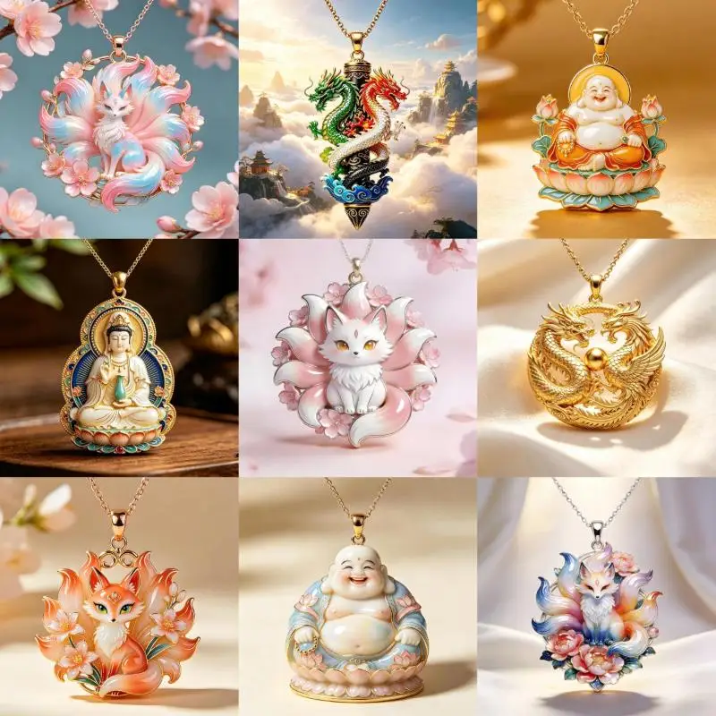 Chinese Mythology Nine-tailed Fox Enamel Pendant Necklace Unique Handcrafted Jewelry for Women Valentine's Day Gift