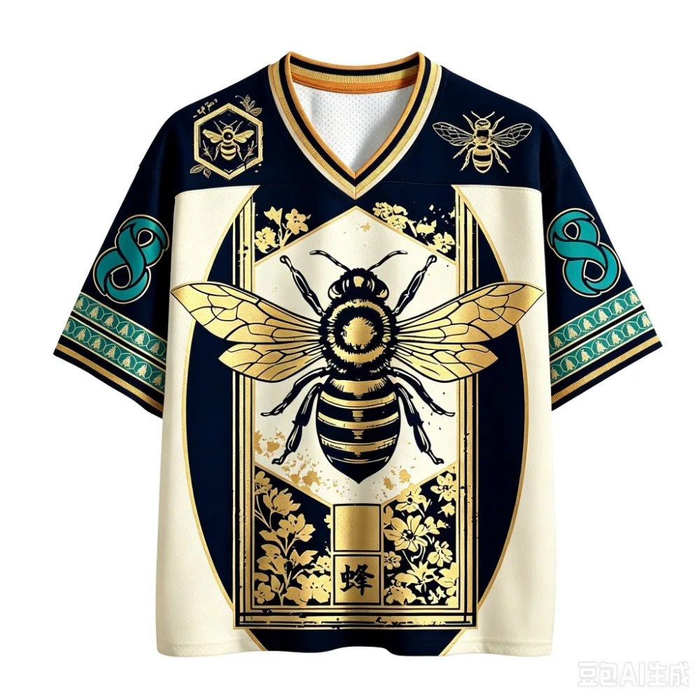 Sommermode Neues Design Japanisches Bienenmuster 3D-Druck Herren Damen V-Ausschnitt Sport-T-Shirt Atmungsaktiv Schnelltrocknend Streetwear Familienkleidung – Detail 5