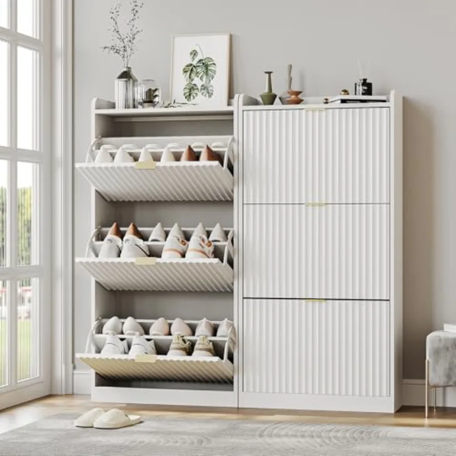 

Fluted Shoe Cabinet Set of 2 Shoe Cabinet Storage for Entryway Slim Narrow Shoes Rack Cabinets with 3 Flip Drawers and Adjustab