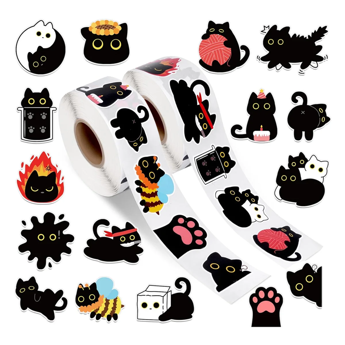 Multiple cat-themed stickers, 2 rolls of 1000 stickers each, suitable for decorating notebooks, envelopes, and gift boxes