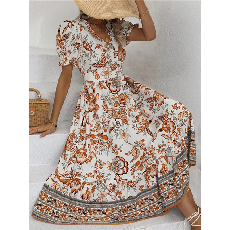 Robe longue et fluide pour femmes, manches bouffantes, style Boho, imprimé Floral, décontractée, été 2025