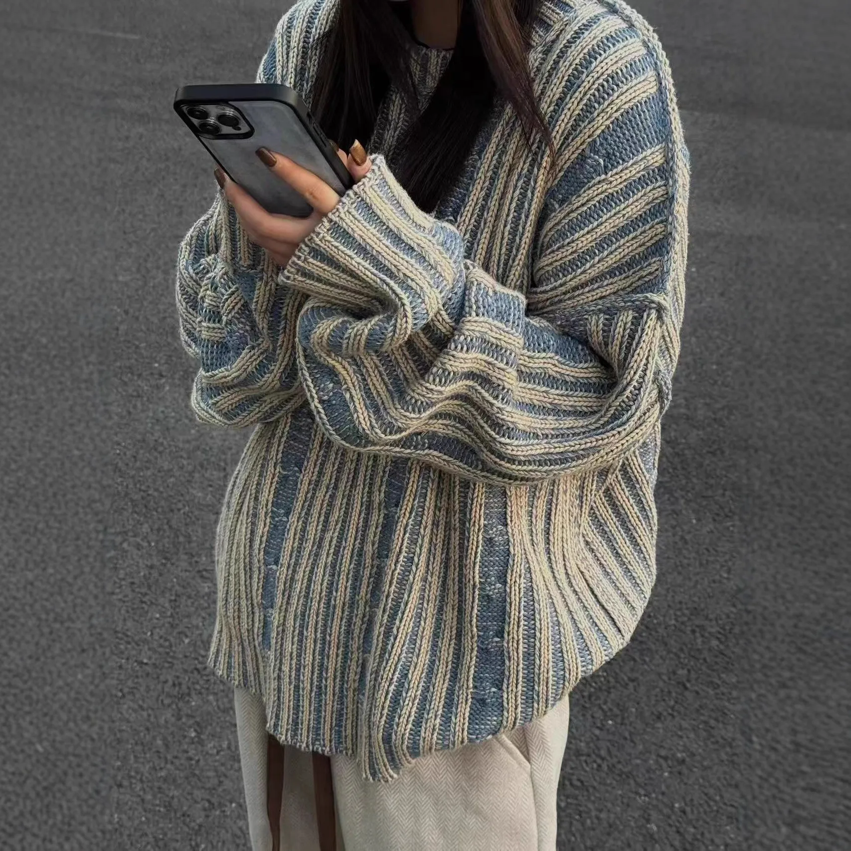 

Высококачественный женский Y2K винтажный свободный теплый пуловер с круглым вырезом в полоску, свитер с длинными рукавами, осенняя модная одежда