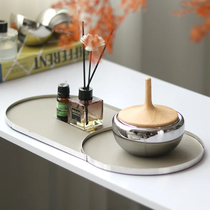 Nordic light luxury 8-character arc edge metal leather tray model house  living room dining room bedroom decoration ornament