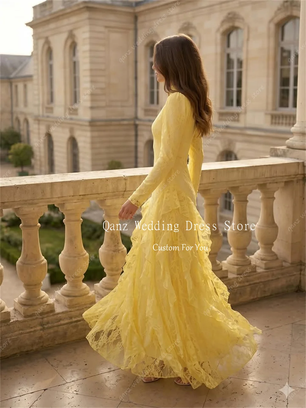 Qanz Bright Yellow Lace Appliques Evening Dresses Long Sleeves Mermaid Wedding Guest Dress High Neck Robes De Soirée Customized