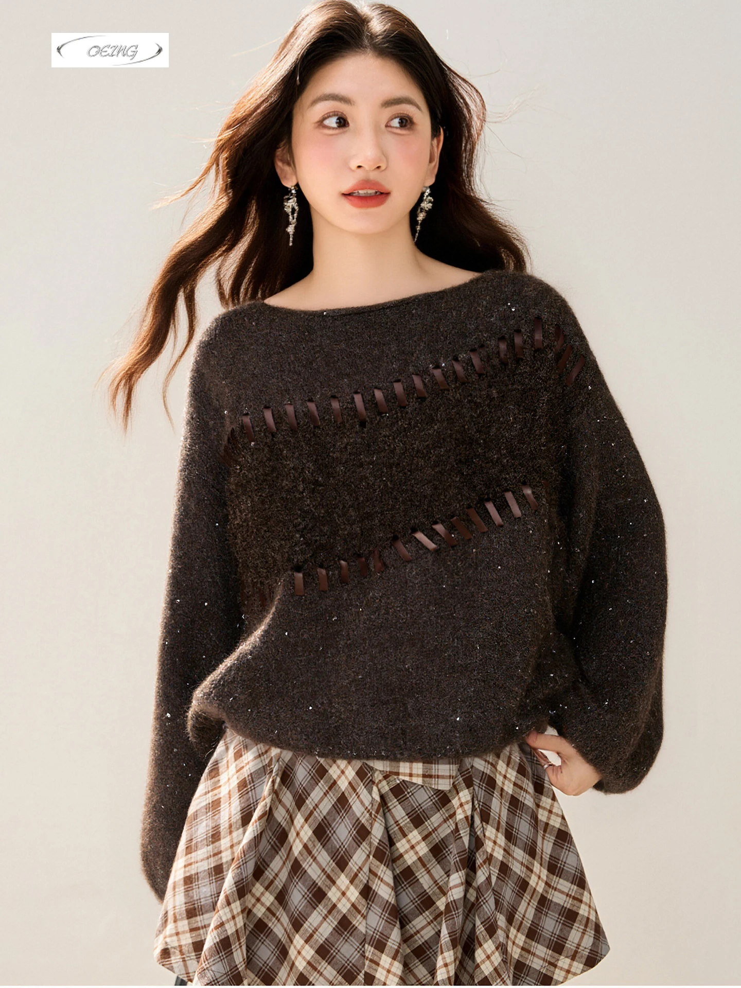 

Осень-зима, коричневый вязаный пуловер с блестками, женский свитер с длинным рукавом и круглым вырезом, повседневный свободный уличный трикотаж, джемпер 9735