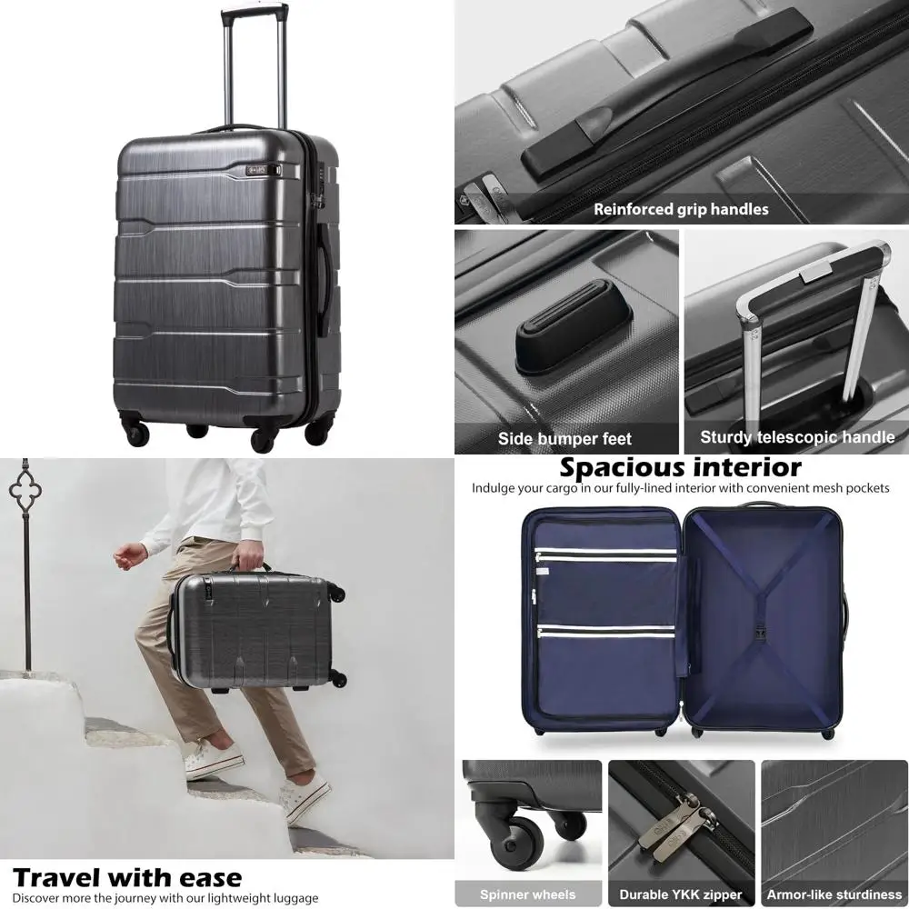 حقيبة دوارة صلبة خفيفة الوزن معتمدة من مادة PC+ABS، مقاس 24 بوصة، فحمي للسفر وتخزين الأمتعة