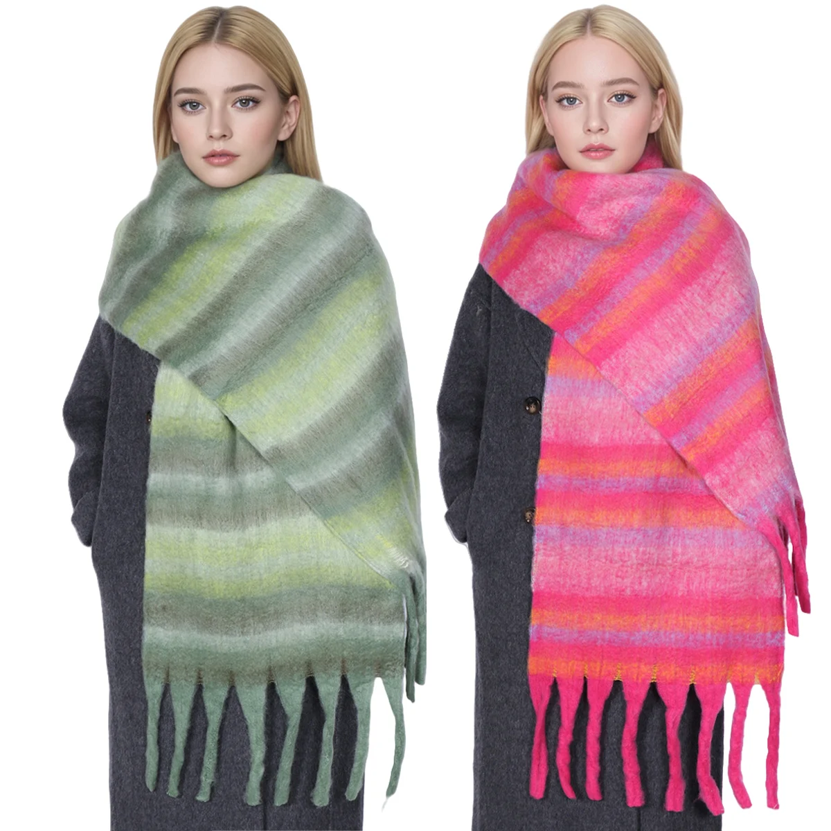 Bufanda de invierno para mujer, manta de Pashmina cálida de Cachemira a rayas, Bufanda suave y gruesa, chales con borlas, Poncho largo Echarpe