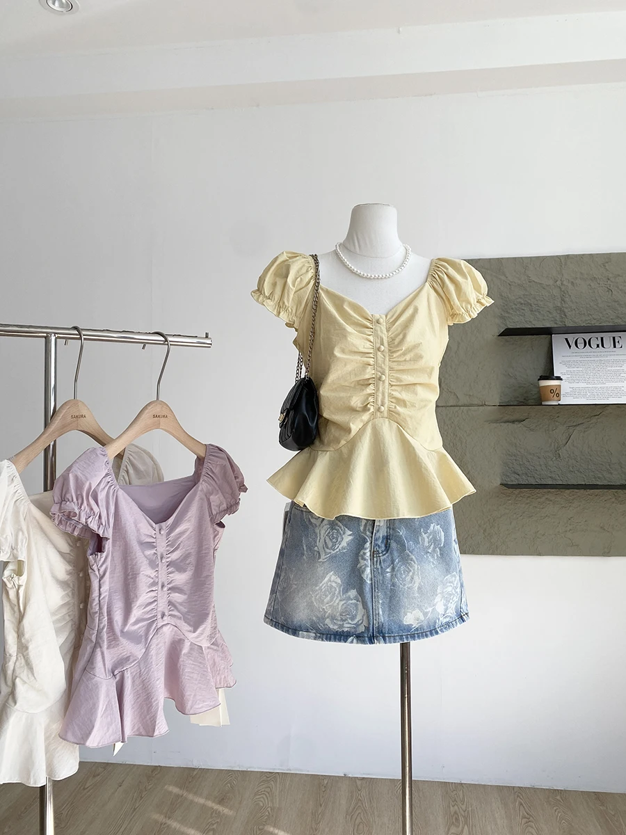 

Retro Style Short Sleeve Bubble Sleeve Shirt Women's Slim Fit V-Neck Polyester Fiber Pure Color Commute Style Summer New Arrival