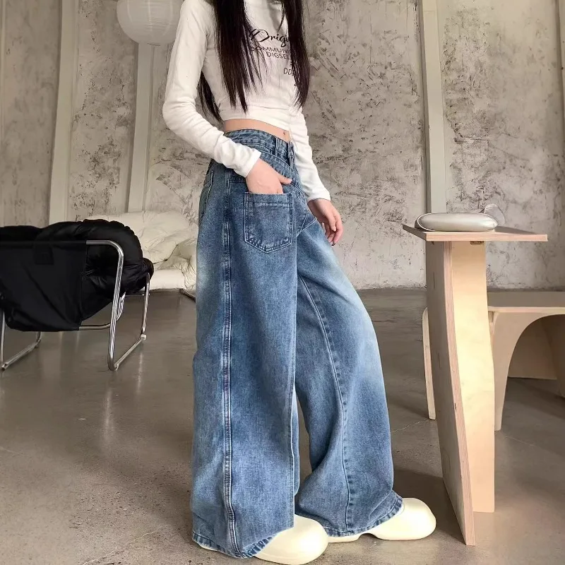 2026 Plus Size American Street Washed Deconstructed Spliced Irregular Jeans Women Loose Straight Draped Floor Trendy Denim Pants