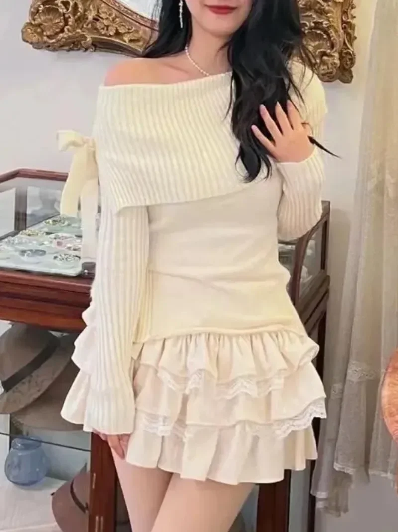 Autumn Spring Woman Matching Sets Off Shoulder Sweater Mori Girl Fairycore Bow Knitwears Gyaru Skirt Slash Neck Koean Style Tops