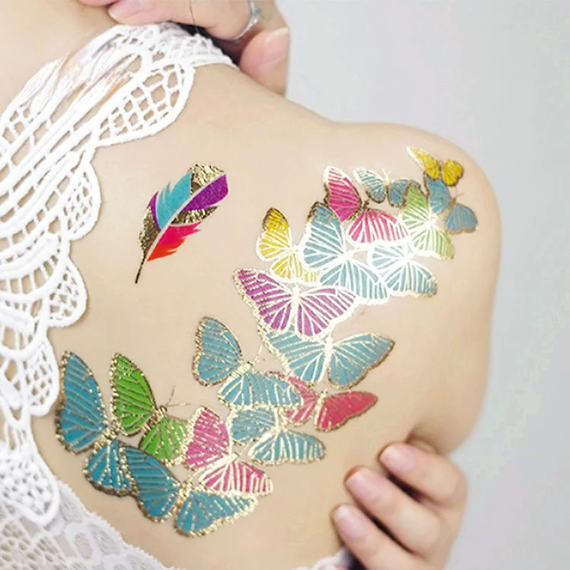 Sexy Gold Tattoo Stickers Sexy Fake Waterproof Temporary Bronzing Gold Silver Tattoo Women Butterfly Flower Trend Fashion Design