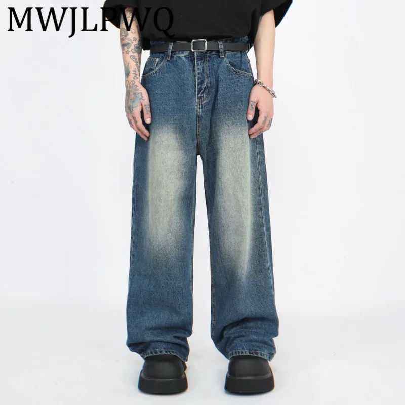 

MWJLPWQ Нишевые винтажные потертые прямые джинсы с градиентом, мужские модные свободные повседневные длинные брюки в американском стиле 21102