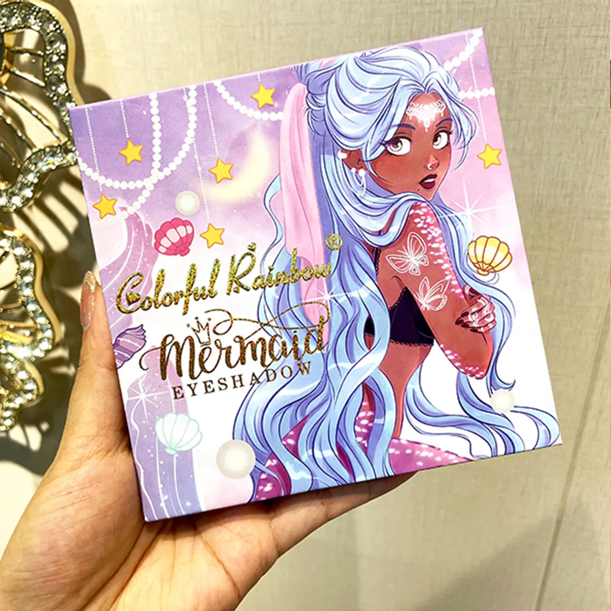 16-Farben-Perlen-Lidschatten-Palette, Regenbogen-Muschelprägung, hochpigmentiert und lichtecht, hochwertige Lidschatten-Palette