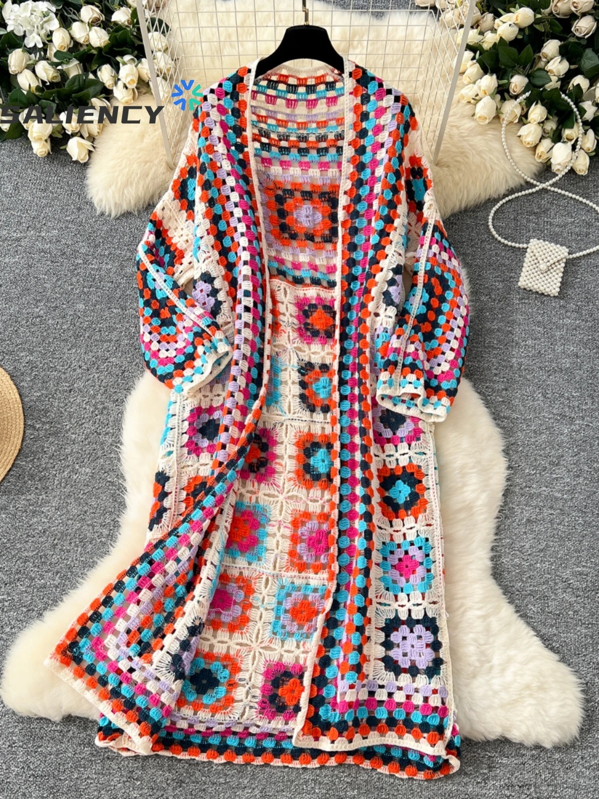 SALIENCY Summer Holiday Beach Long Cardigans Spring Fashion Vintage Floral Knit Cardigan Streetwear Loose Hollow Out Overcoat