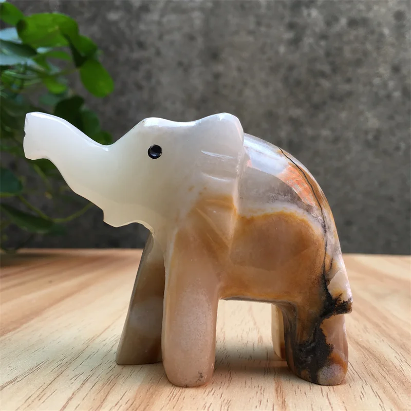 Natural Afghan Jade Carving Elephant, Colorful Crystal Statues for Business Gift, Living Room Decoration, White and Green, 1PC,