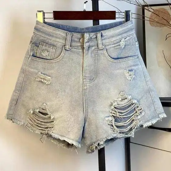 

Korean Dongdaemun High Quality Clothing 2025 Ripped Rough Edge Denim Shorts Summer New High Waist Loose and Thin Women's Shorts