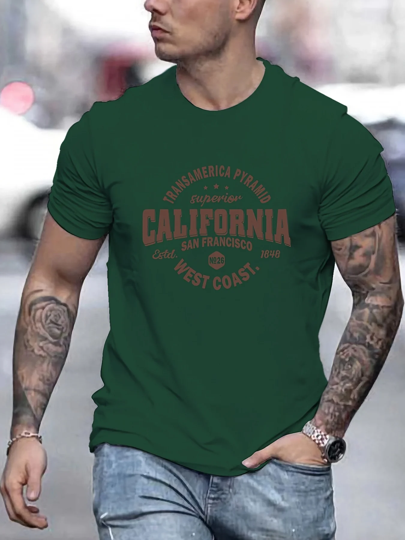 Men's 100% cotton casual sports loose fit California West Coast print round neck short sleeved T-shirt top image 3